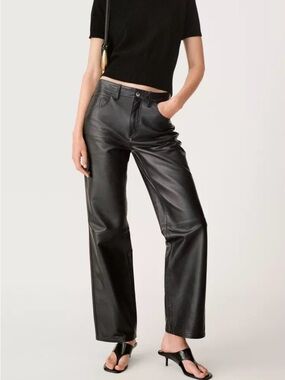 Zara Black High-Rise Leather-Look Straight Jeans